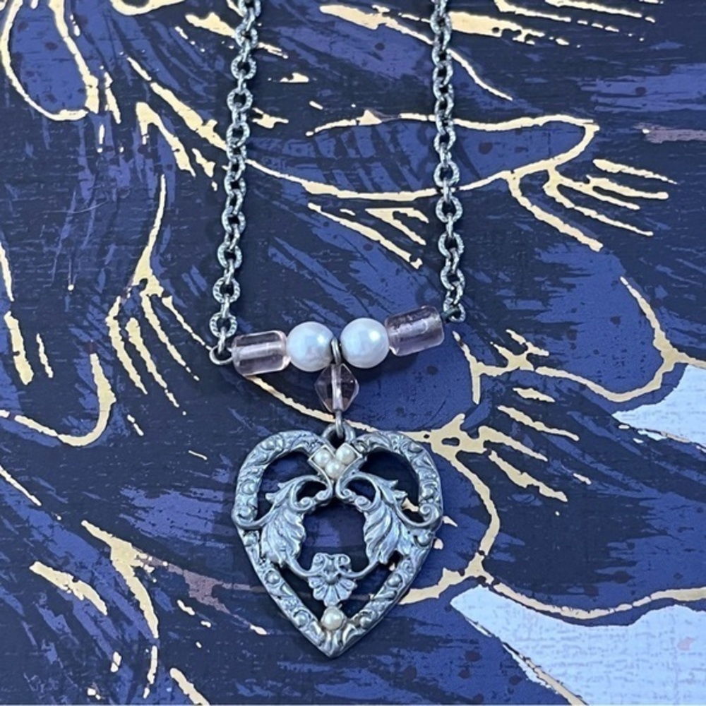 Vintage 80s Silver Heart Pendant Necklace Faux Pearls Crystal Beads C2